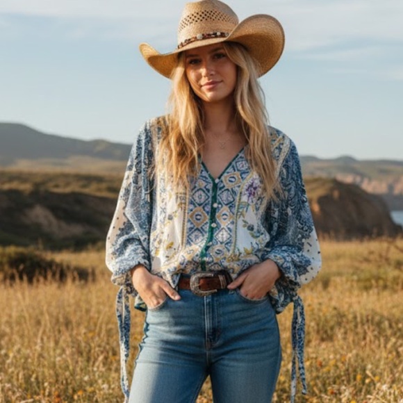 Free People Tops - NWT Free People Blue and White Patterned‎ Blouse bohemian blouse size M